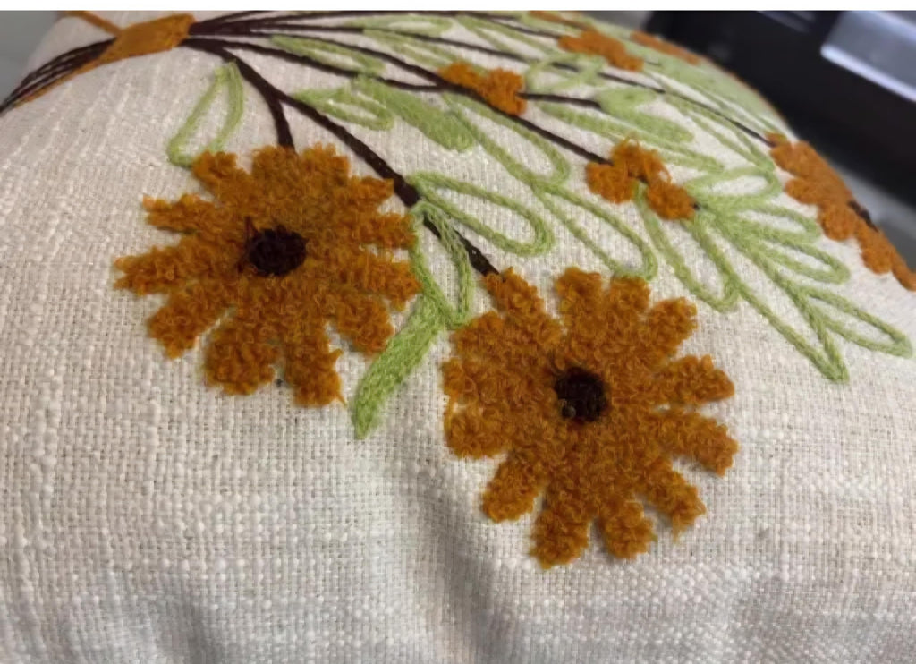 Handmade Floral Embroidered Throw Pillow Cover, Daisy Bouquet Design, Beige, Boho Living Room Decor