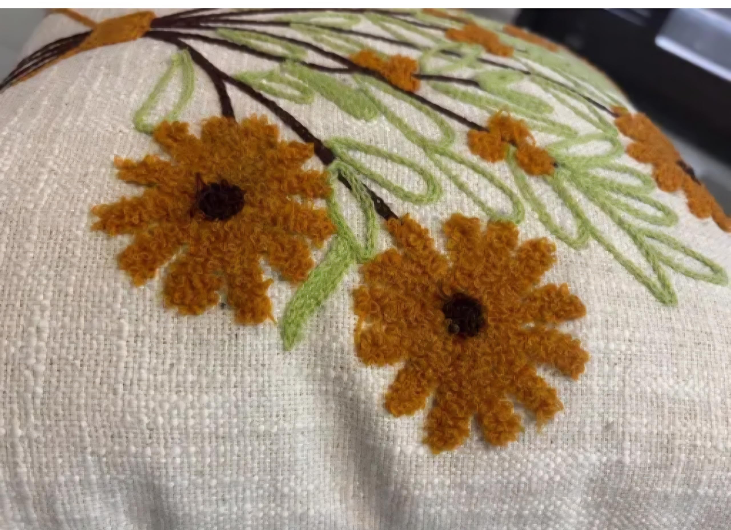 Handmade Floral Embroidered Throw Pillow Cover, Daisy Bouquet Design, Beige, Boho Living Room Decor