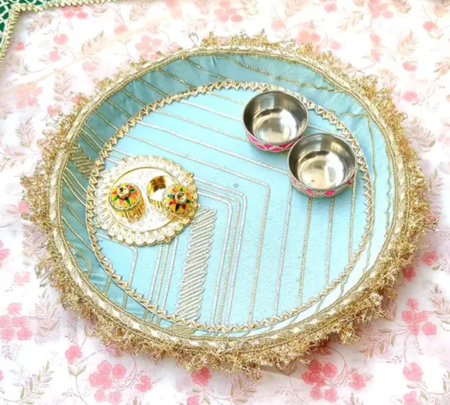 Decorative Pooja Thali Set, Mint Blue and Gold, Traditional Design with Silver Bowls, Elegant Wedding Ceremony Collection