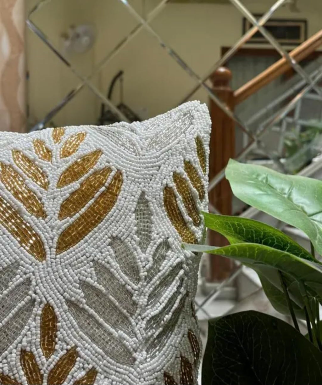 Beaded Cushion Cover, Leaf Pattern, Silver and Gold, Decorative Throw Pillow Cover for Sofa