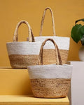 Woven Rope Storage Basket Set, Natural Jute and Cotton, Two-Tone White and Beige, Braided Handles