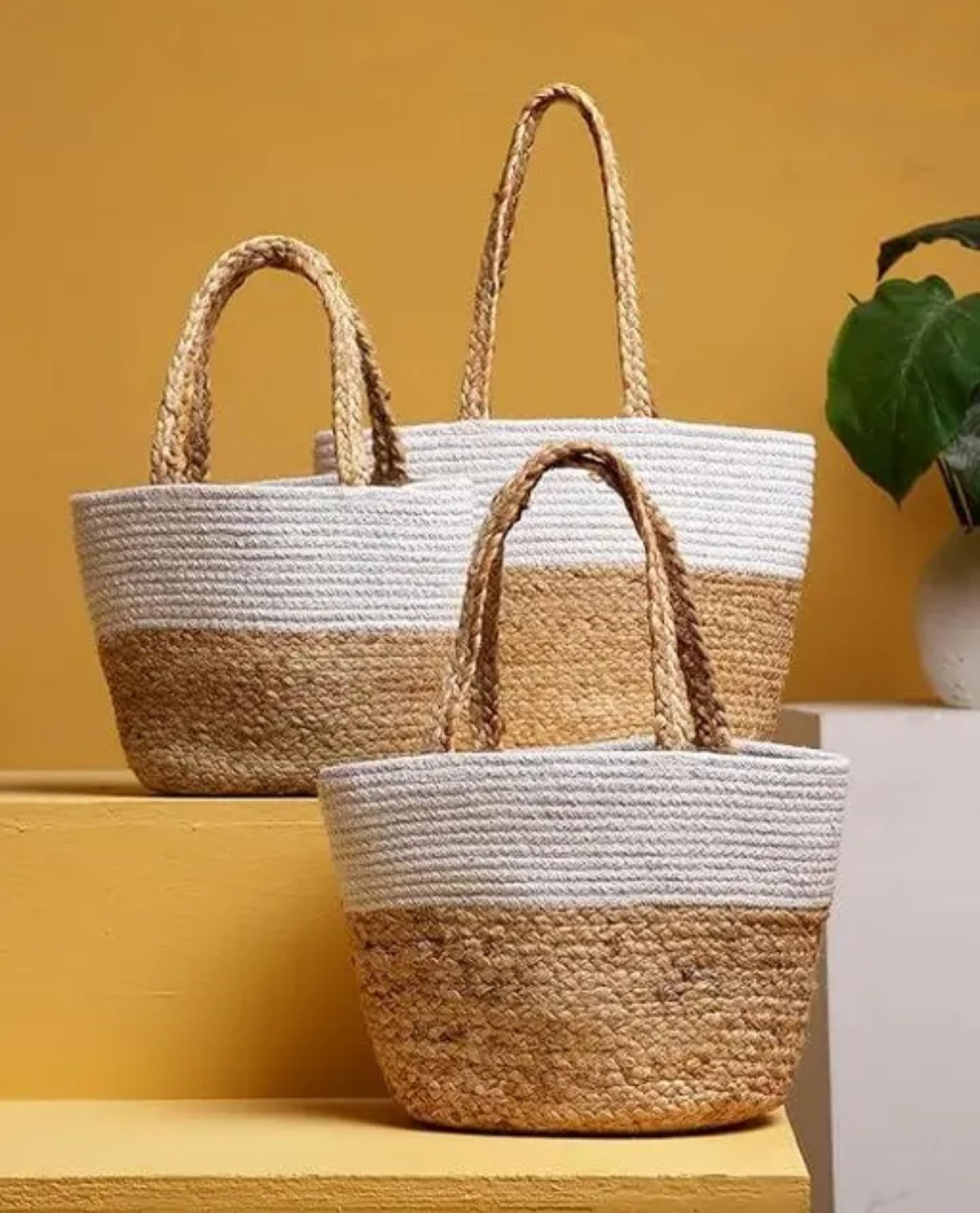 Woven Rope Storage Basket Set, Natural Jute and Cotton, Two-Tone White and Beige, Braided Handles
