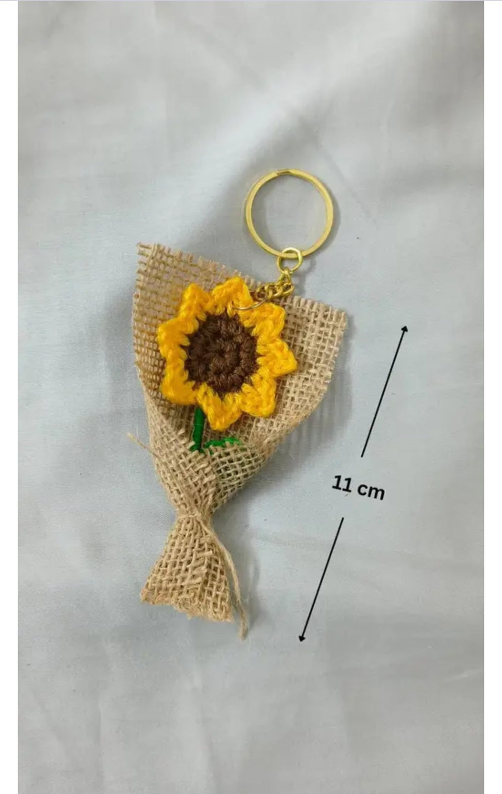 Handcrafted Sunflower Burlap Keychain, Rustic Floral Bag Charm