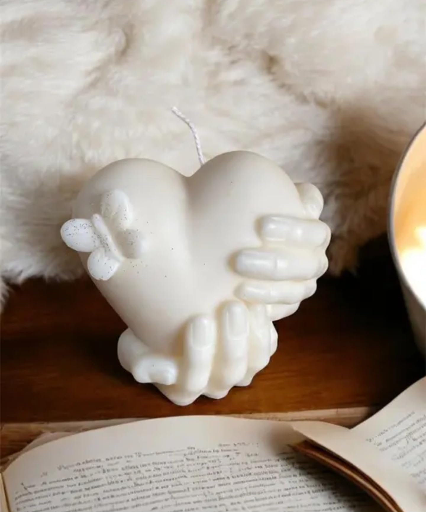 Decorative Heart-Shaped Candle, White Wax, Romantic Design with Wings, Wedding and Valentine's Day Decor candle