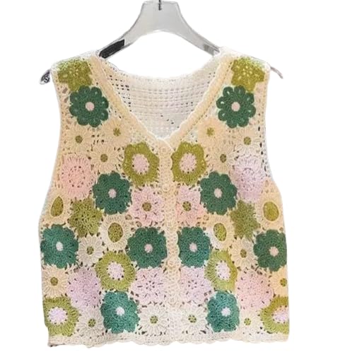 Crochet Floral Crop Top, Boho Sleeveless Vest, Green and Pink Flower Granny Square Tank