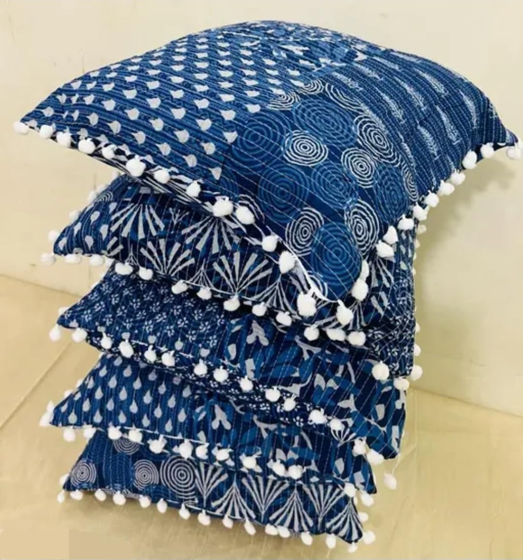 Indigo Blue Decorative Handmade Throw Pillow Cover with White Pom Pom Trim, Hand Block Print Jaipuri Kantha Pattern, Cotton Cushion Covers
