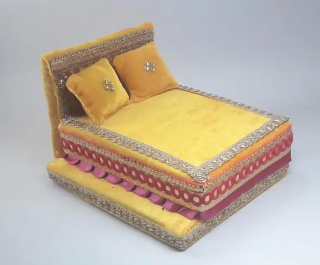 Miniature Decorative Bed and Sofa Set, Yellow, Handcrafted, Traditional Indian Style, Festive Decor