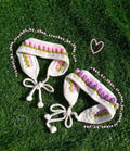 Handmade Crochet Ear Warmer Headband, White with Pink and Purple Floral Detail, Tie Closure, set of 2