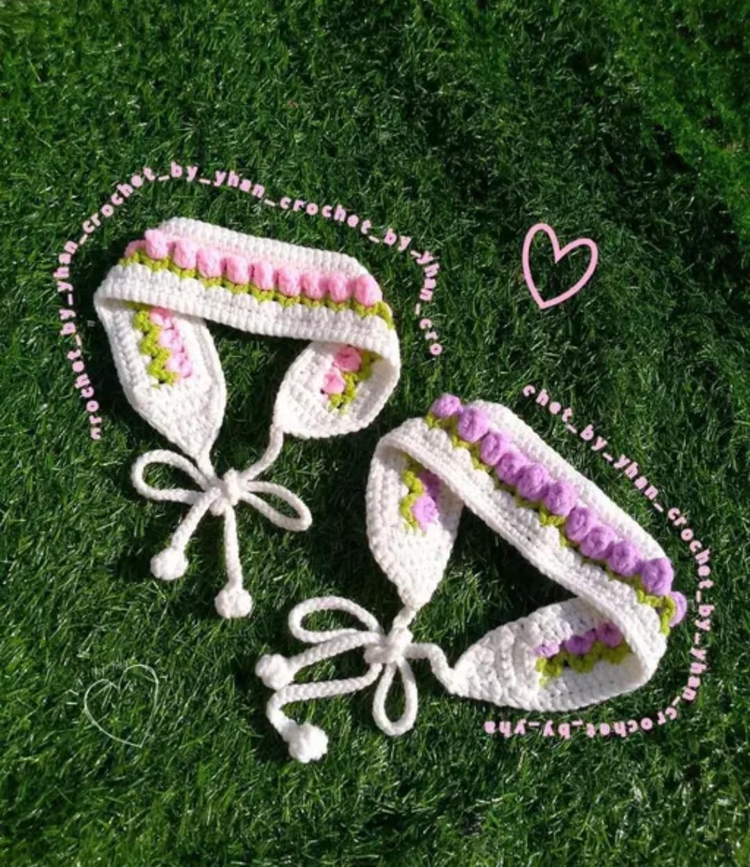 Handmade Crochet Ear Warmer Headband, White with Pink and Purple Floral Detail, Tie Closure, set of 2