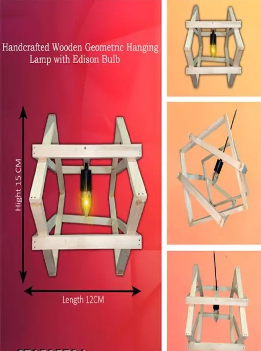 Wooden Geometric Pendant Light, Cube Design, Warm Glow, Modern Rustic Style, Ceiling Fixture