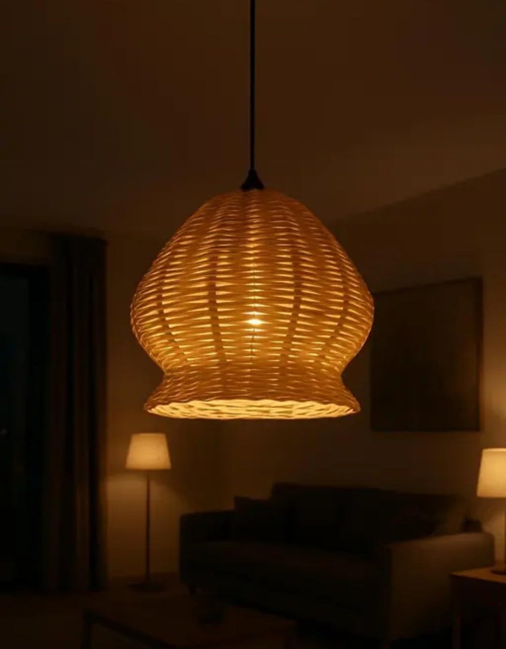 Woven Rattan Pendant Light, Natural Brown, Bell Shape, Hanging Ceiling Lamp, Warm Ambient Lighting
