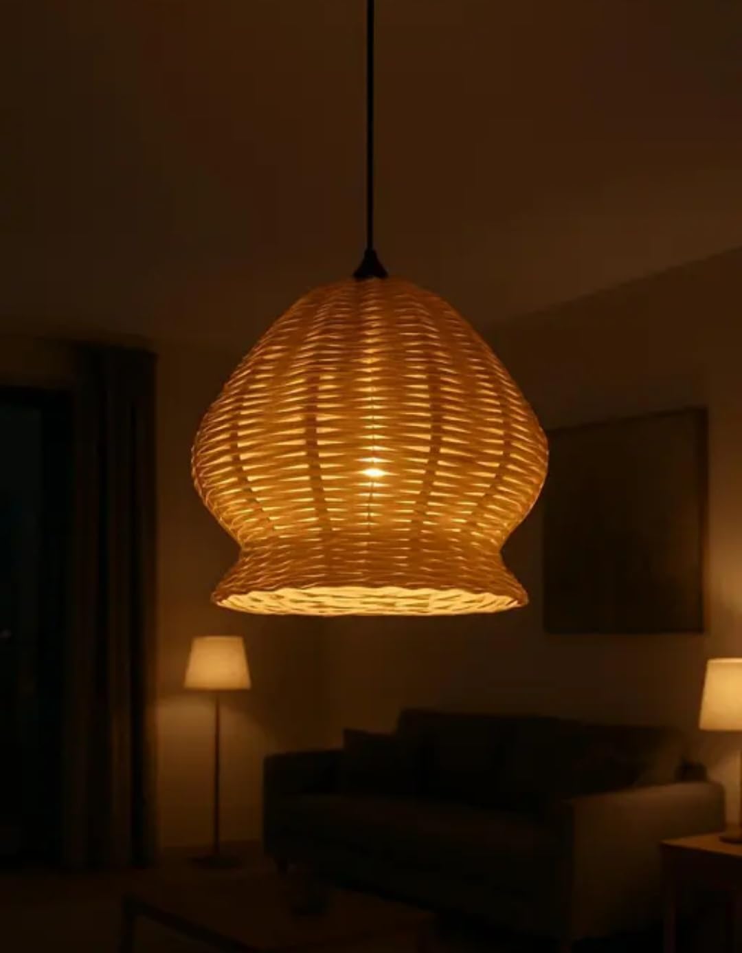 Woven Rattan Pendant Light, Natural Brown, Bell Shape, Hanging Ceiling Lamp, Warm Ambient Lighting