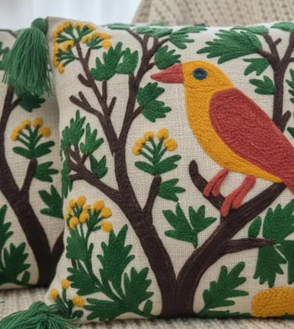 Hand Embroidered Bird on Tree Throw Pillow Cover, Boho Style with Green Tassels, Colorful Floral Cushion Cover