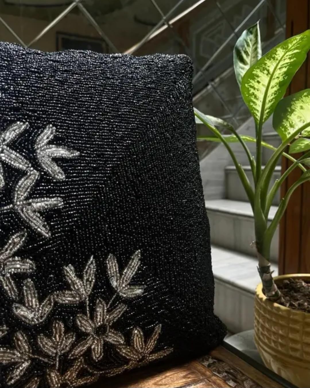 Beaded Decorative Throw Pillow Cover, Black with Silver Floral Design, Square Cushion Case
