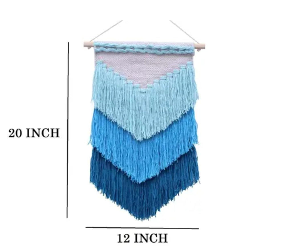 Boho Macrame Wall Hanging, Blue Ombre Fringe Tapestry, Woven Wall Decor
