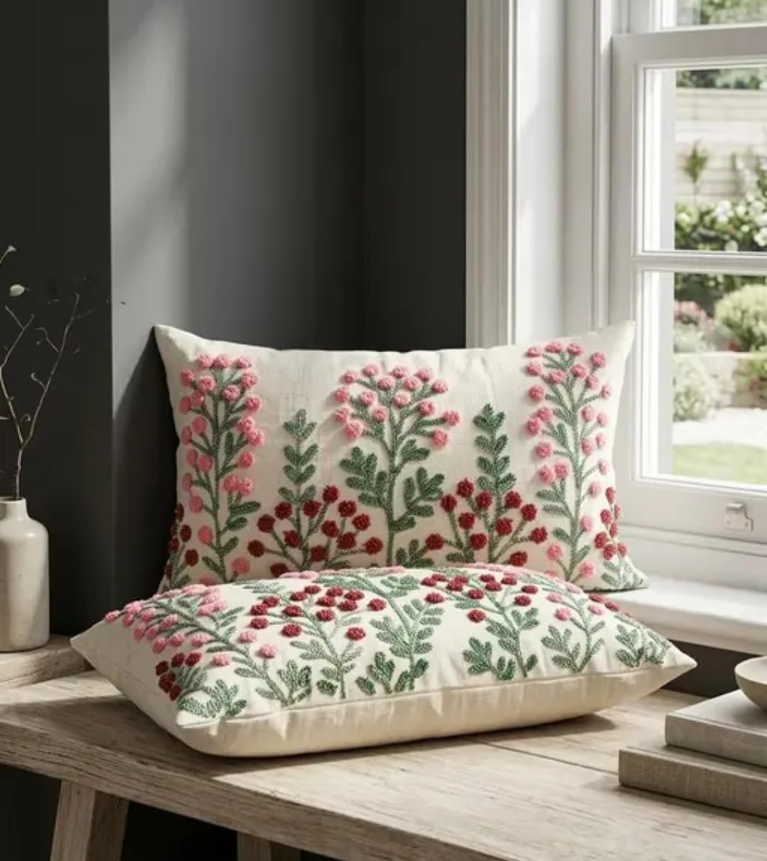 Floral Embroidered Throw Pillow Cover, Cream with Pink and Red Botanical Design, Decorative Cushion Cover