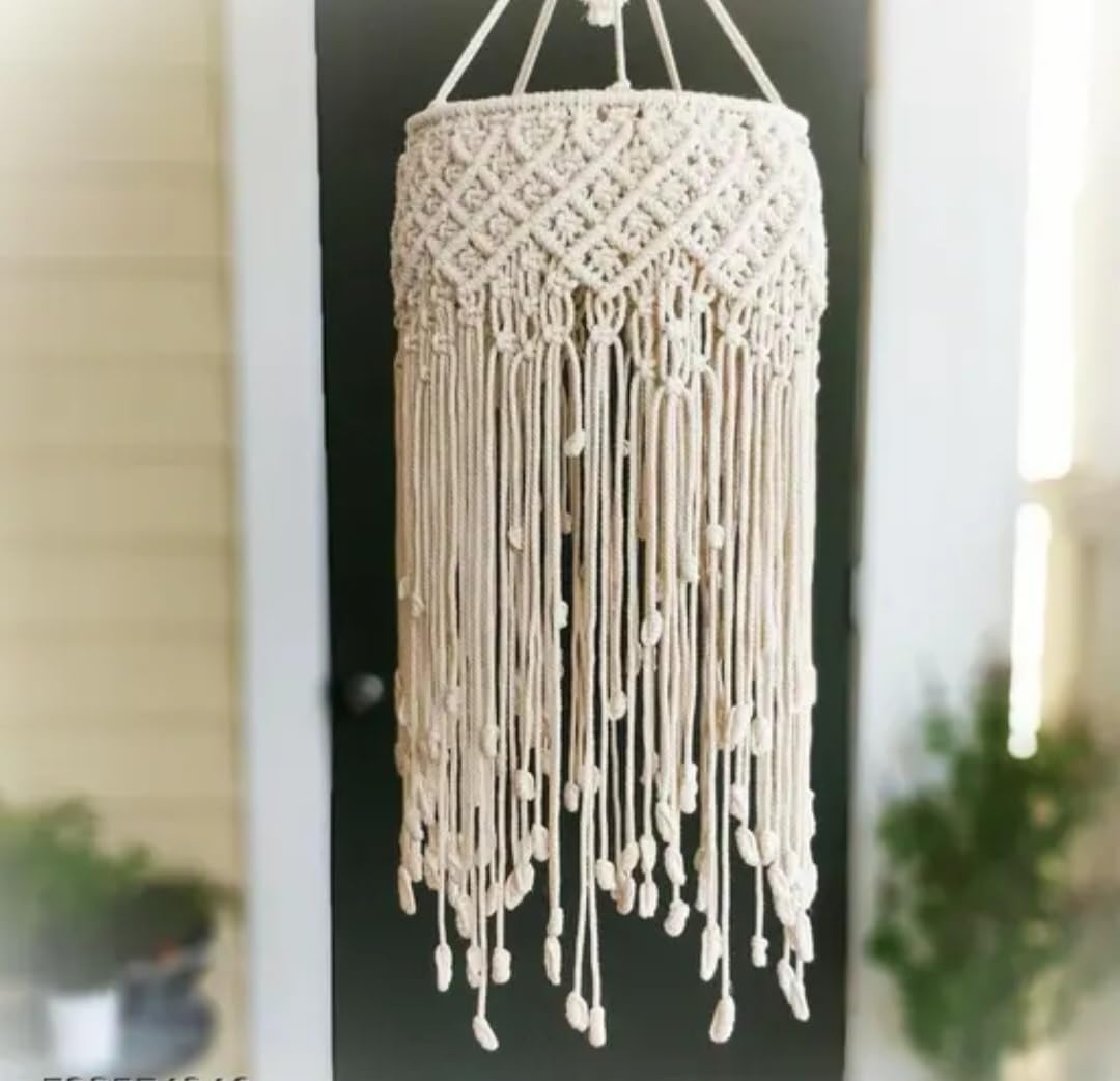 Macrame Lampshade, Beige, Handwoven Boho Style, Hanging Light Shade with Fringe