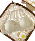 Crochet Halter Crop Top, Cream, Boho Beach Style, Tie Neck, Floral Detail