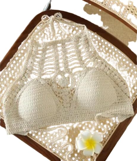 Crochet Halter Crop Top, Cream, Boho Beach Style, Tie Neck, Floral Detail