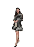 Women's Black and White Zigzag Print Mini Dress, Long Sleeve, Tiered Hem, Casual Party Style