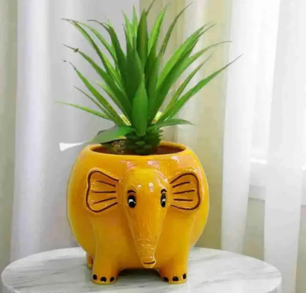 Decorative Elephant Planter with Artificial Succulent, Yellow Ceramic Plant Pot, Indoor Home Decor
