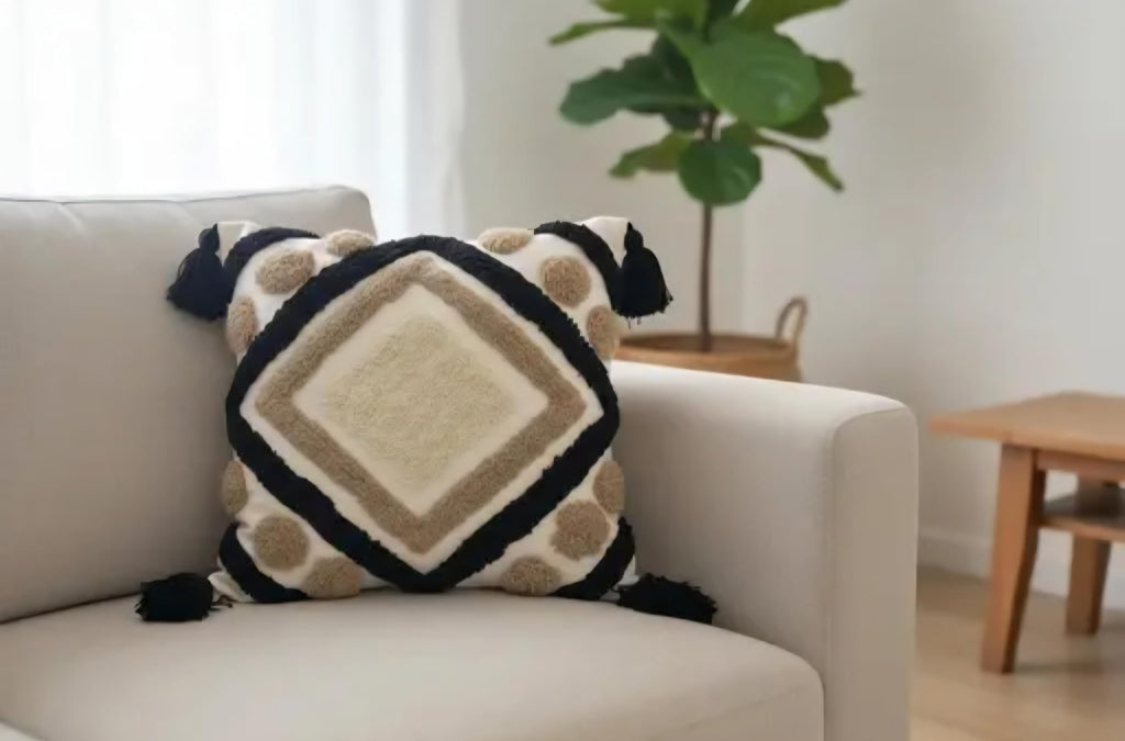 Boho Throw Pillow Cover with Tassels, Tufted Diamond Geometric Pattern, Black and Beige, Decorative Cushion Cover