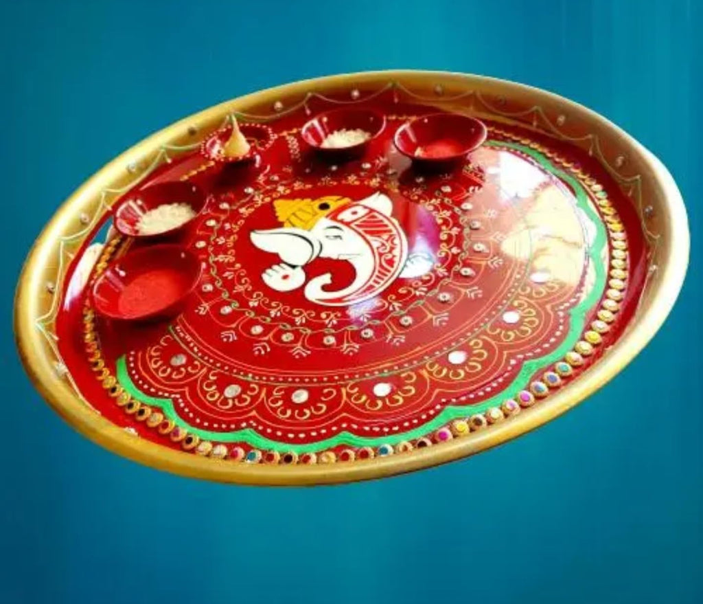 Handcrafted Traditional Ganesha Pooja Thali, Red and Gold, Decorative Steel Plate with Mandala Design, Round Spiritual Worship Platter