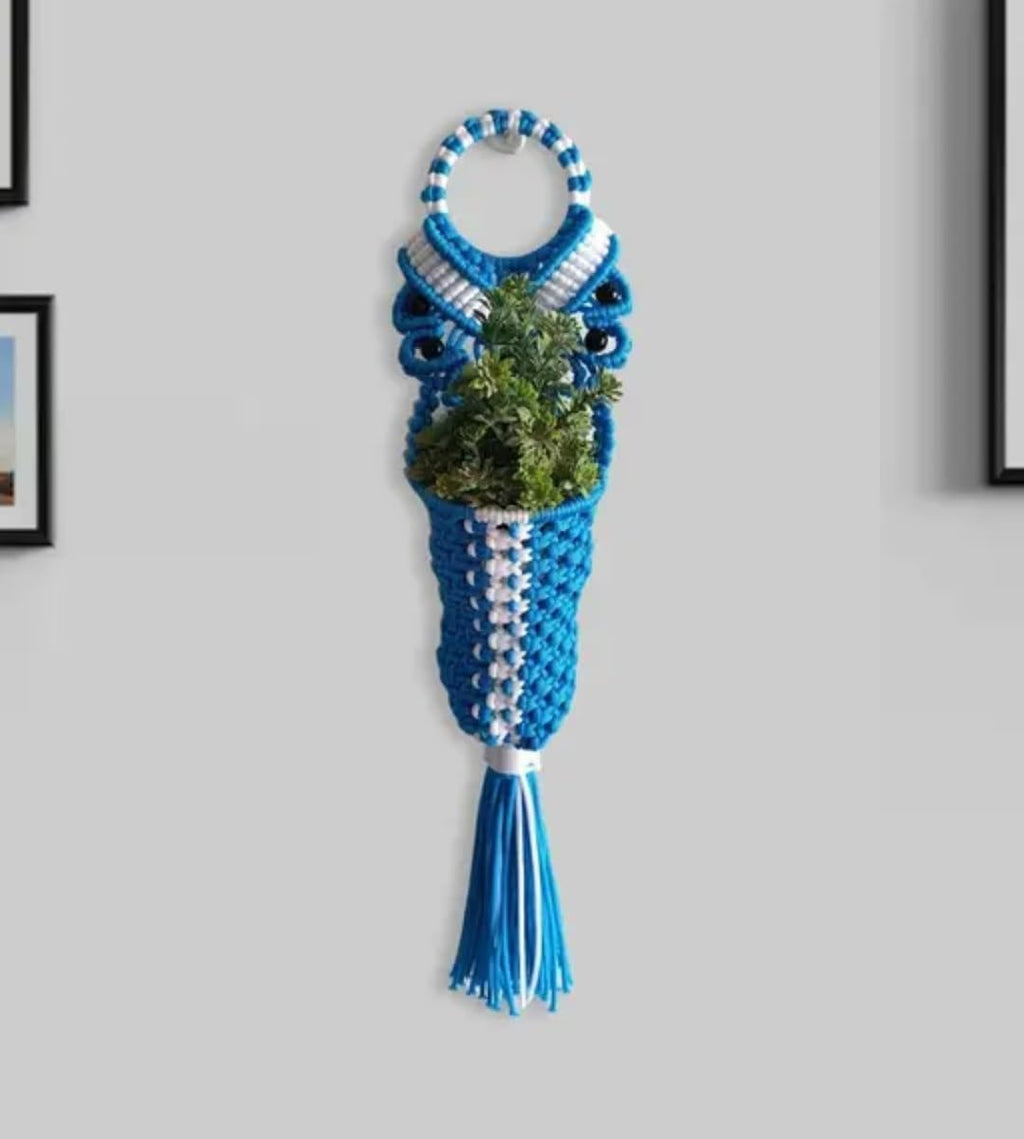 Macrame Water Bottle Holder, Blue and White, Handwoven with Tassel, Hanging Carrier with Beaded Handle