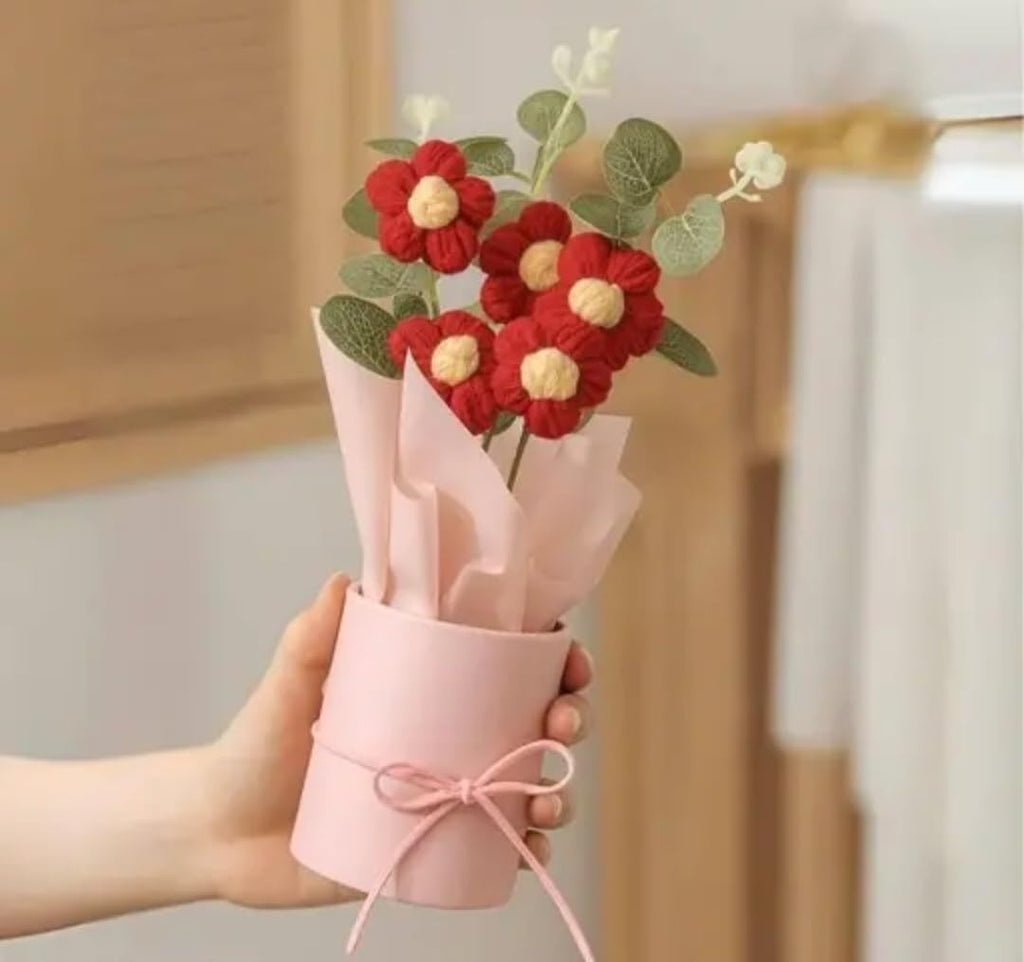 Artificial Red Flower Bouquet with Eucalyptus Leaves, Pink Wrapped Gift, Decorative Floral Arrangement