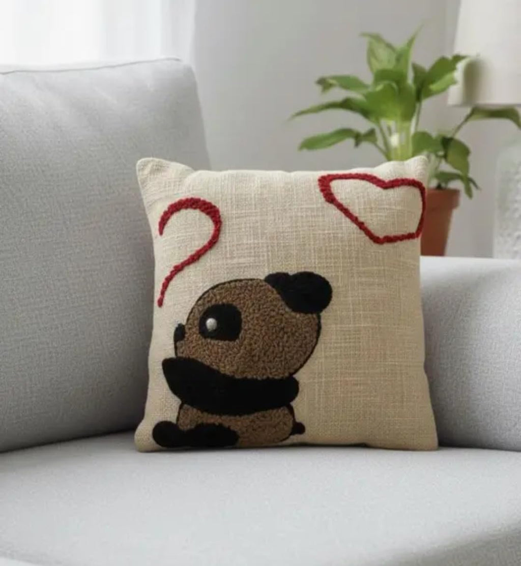Cute Pug Hand Embroidered Throw Pillow Cover, Cream, Heart Design, Decorative Cushion for Sofa or Bedroom
