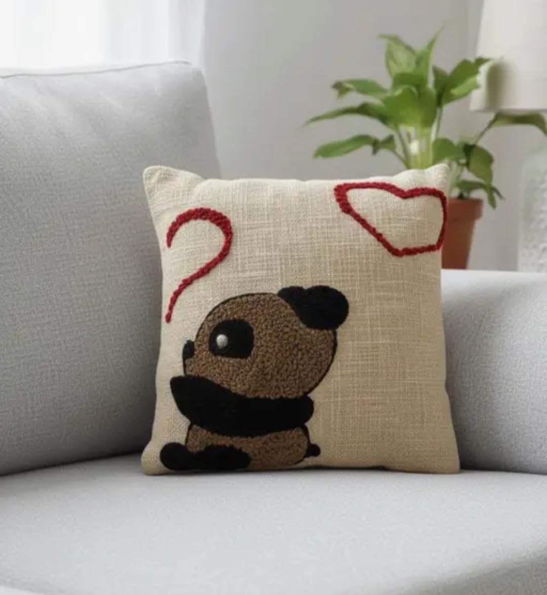 Cute Pug Hand Embroidered Throw Pillow Cover, Cream, Heart Design, Decorative Cushion for Sofa or Bedroom