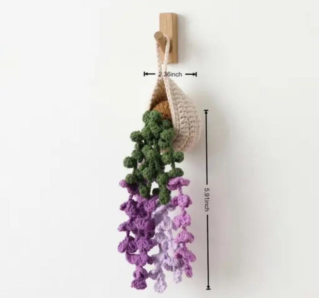 Crochet Hanging Plant Decor, Purple and Green Floral Wall Art, Boho Home Decoration, 1 piece