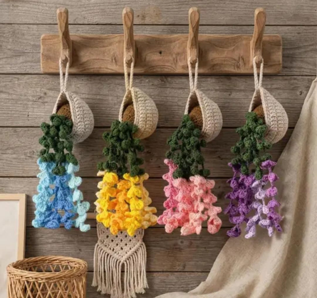 Crochet Hanging Plant Decor, Handmade Boho Faux Succulent in Woven Basket, Blue and Green, 1 piece