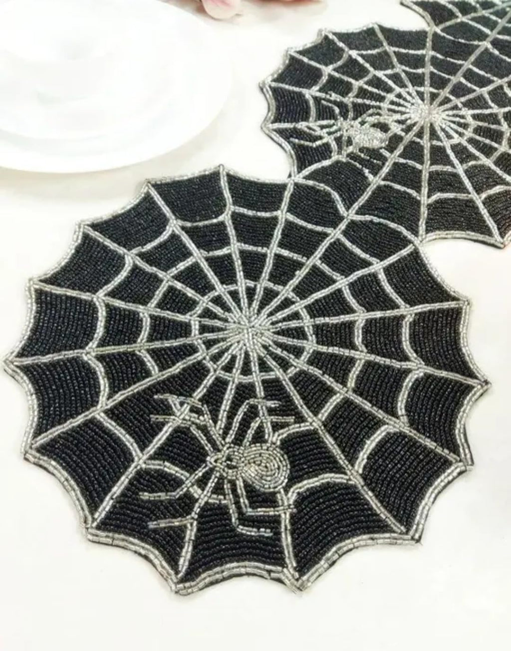 Spider Web Placemats, Black with Silver Web Design, Halloween Table Decor, Round Shape