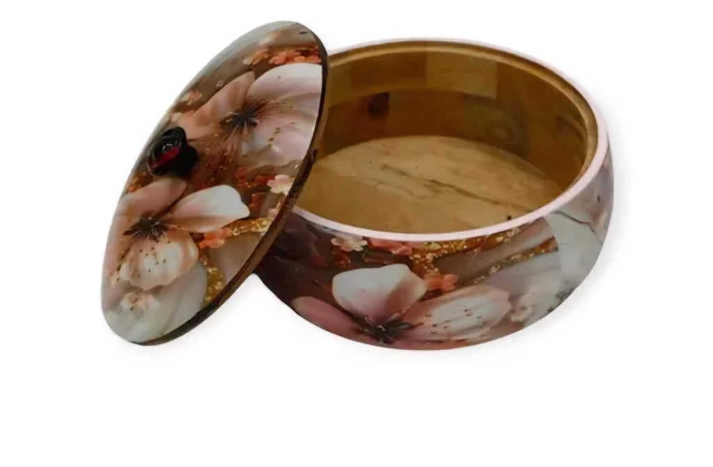 Wooden Bowl with Lid, Floral Design, White with Pink Blossoms and Gold Accents