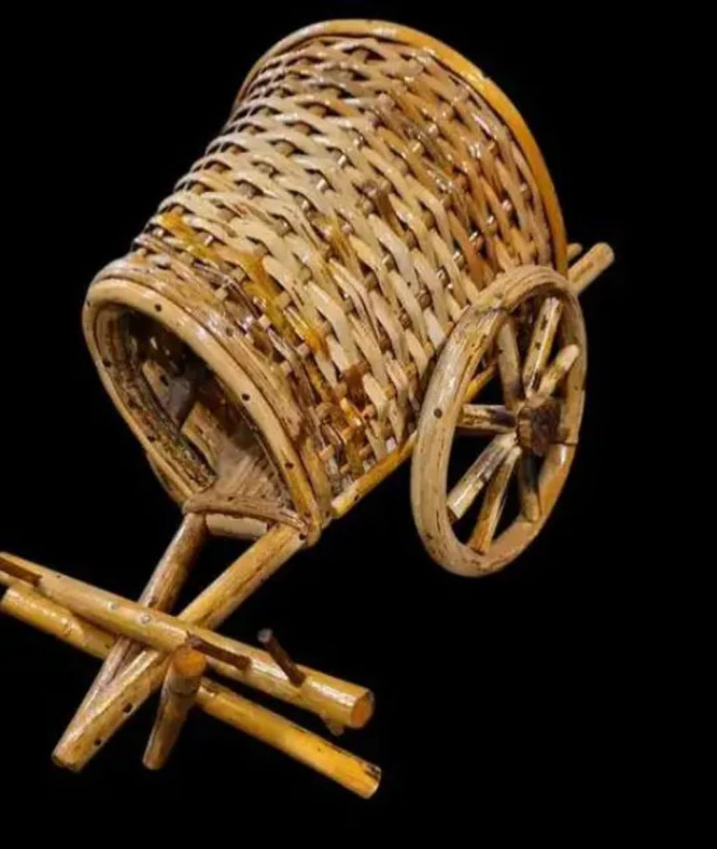 Handcrafted Bamboo Bullock Cart, Natural Woven Design, Decorative Miniature with Wheels