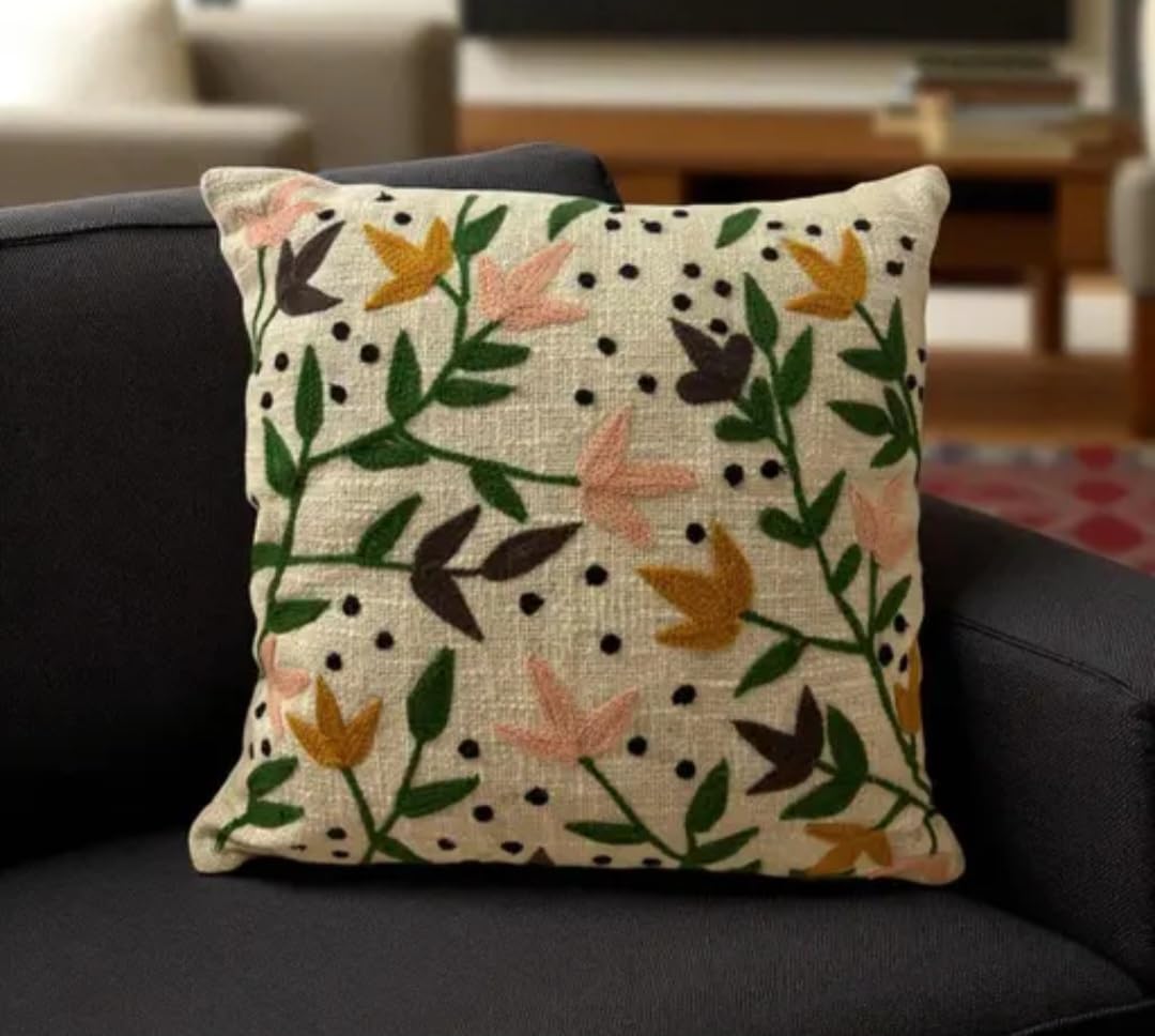 Embroidered Throw Pillow Cover, Floral Leaf Pattern, Multicolor, Decorative Cushion Cover