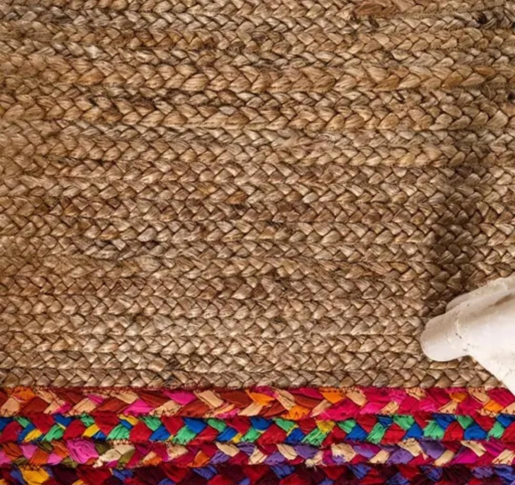 Handwoven Jute Runner Rug with Colorful Braided Border, Natural, Rectangular, Boho Style