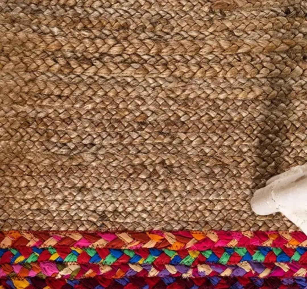 Handwoven Jute Runner Rug with Colorful Braided Border, Natural, Rectangular, Boho Style