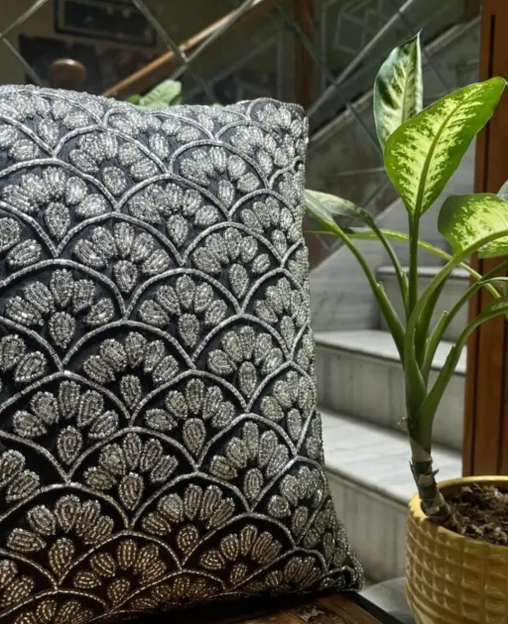 Decorative Throw Pillow Cover, Black and Silver, Scallop Embroidered Pattern, Boho Chic Style
