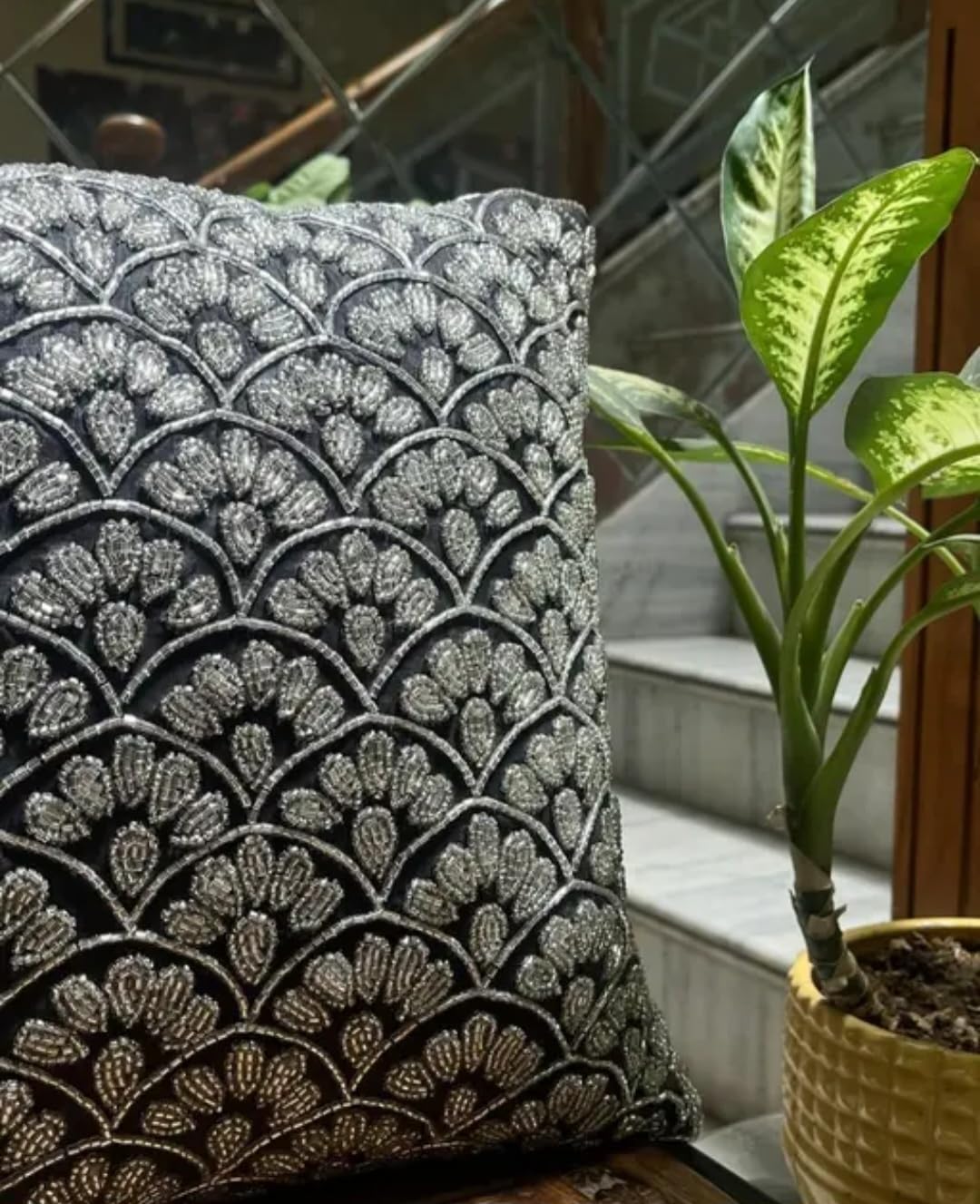 Decorative Throw Pillow Cover, Black and Silver, Scallop Embroidered Pattern, Boho Chic Style