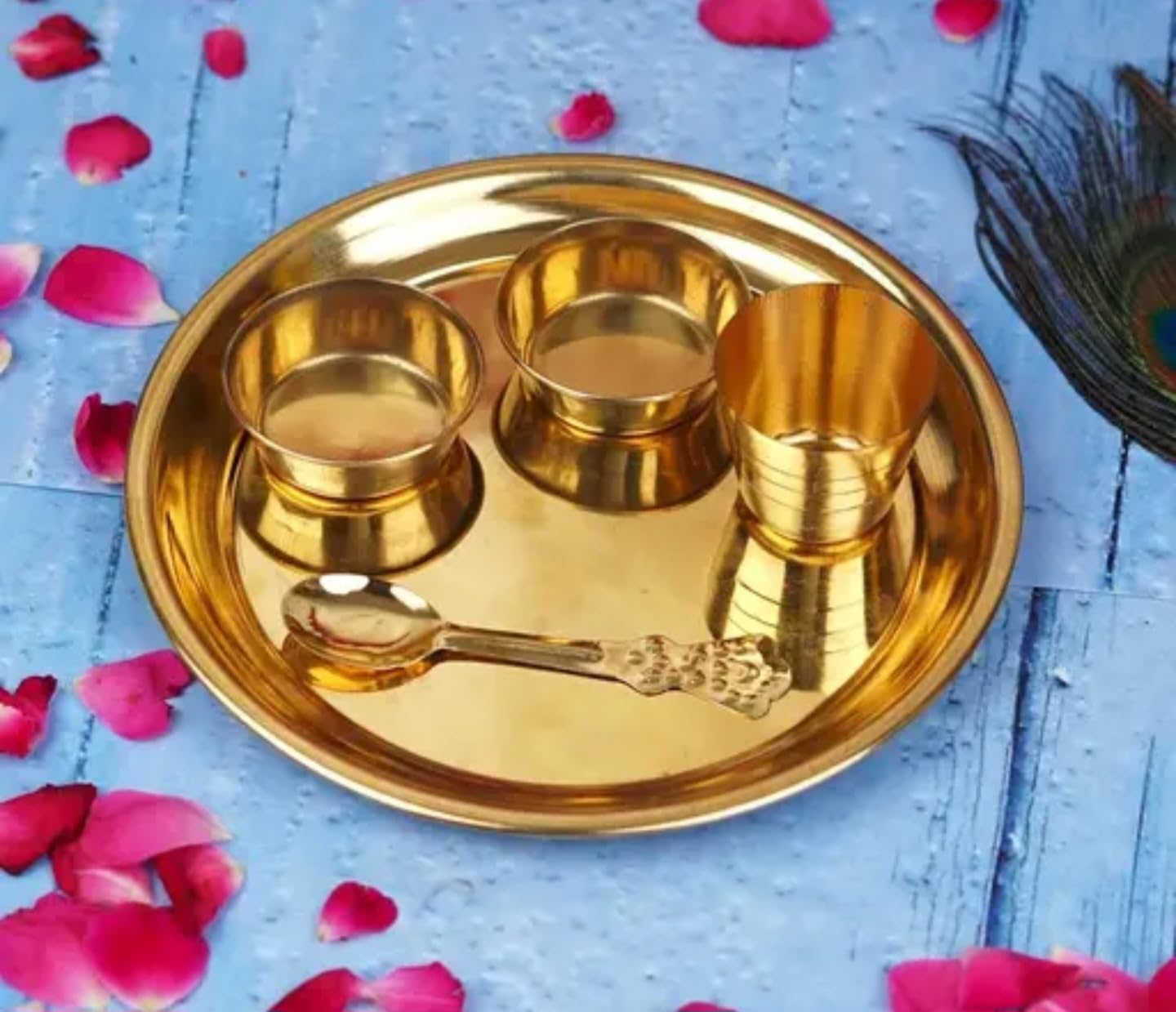 Traditional Brass Pooja Thali Set, Gold Plated, Round Decorative Plate with Bowls, Spoon, Religious Ceremonial Set