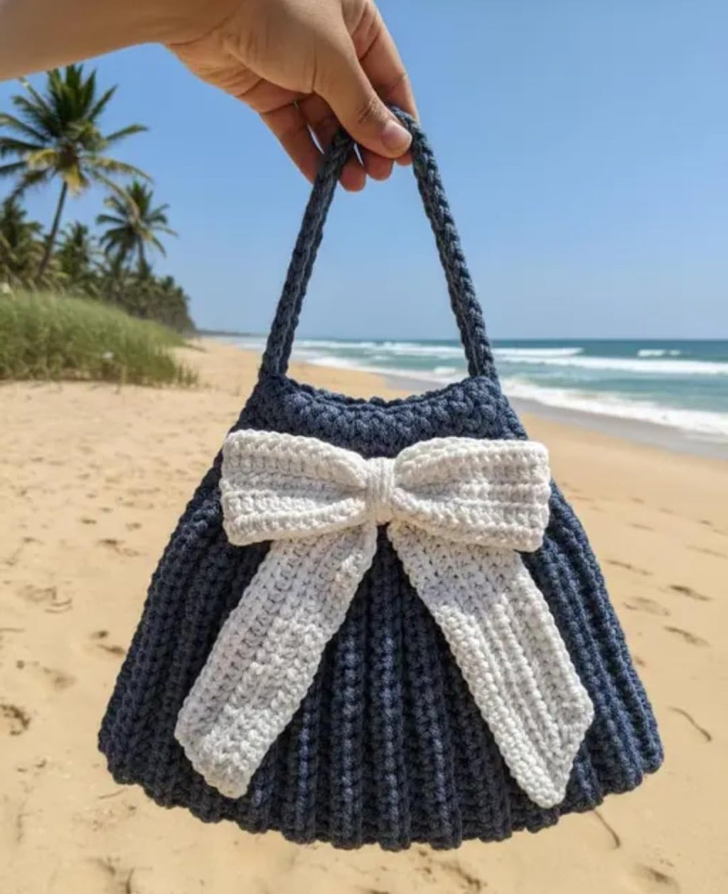 Handmade Crochet Handbag, Navy Blue with Cream Bow, Knit Purse, Boho Chic Style
