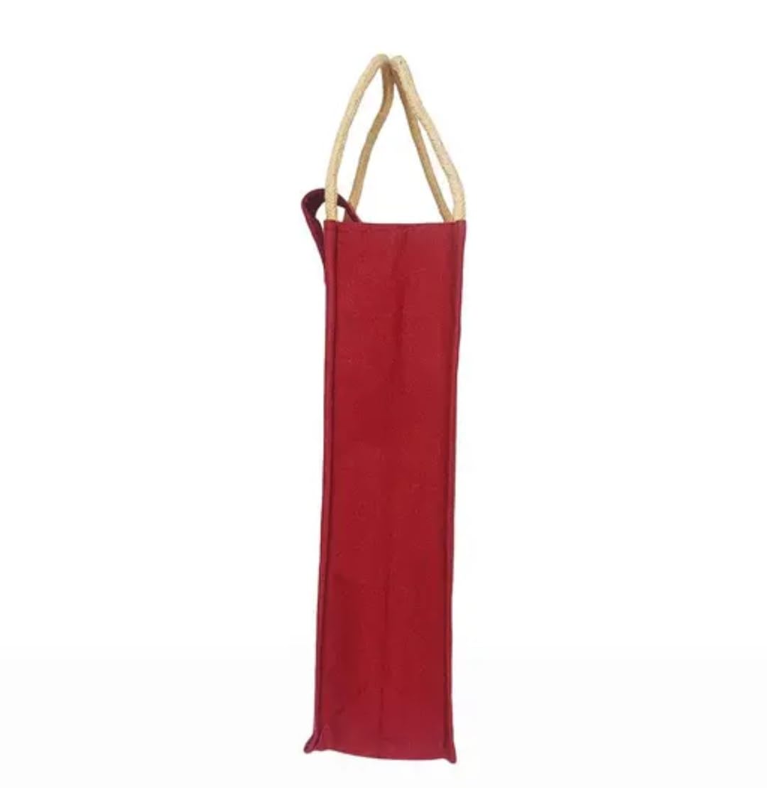 Jute Wine Bottle Bag, Red, Warli Art Print, Button Closure, Rope Handle, Gift Tote