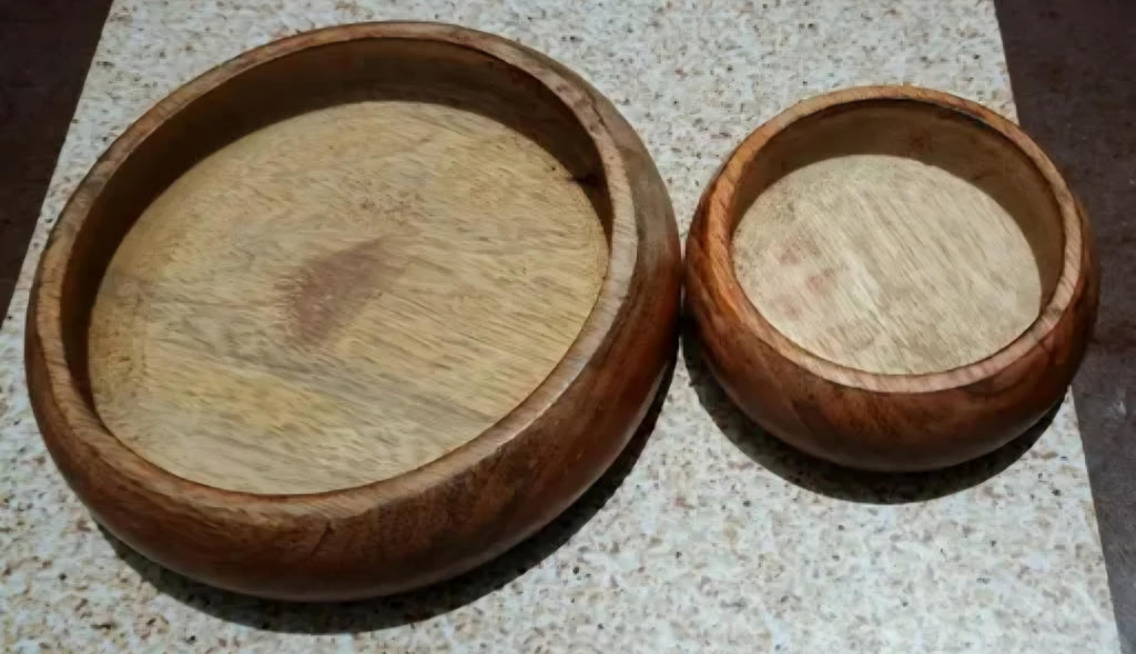 Wooden Serving Bowls Set of 2, Natural Wood Finish, Round Shape, Handcrafted Kitchen Tableware