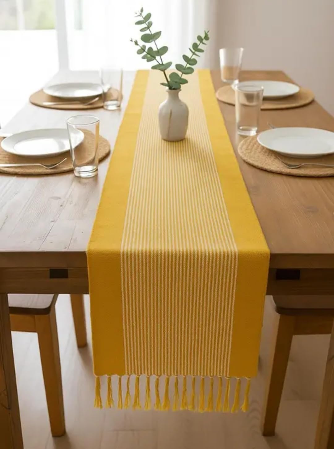 Woven Table Runner, Mustard Yellow, Fringed Ends, Minimalist Style, Dining Table Decor