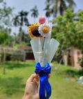 Handmade Crochet Flower Bouquet, Sunflower Daisy and Strawberry, Gift Wrap with Blue Satin Ribbon