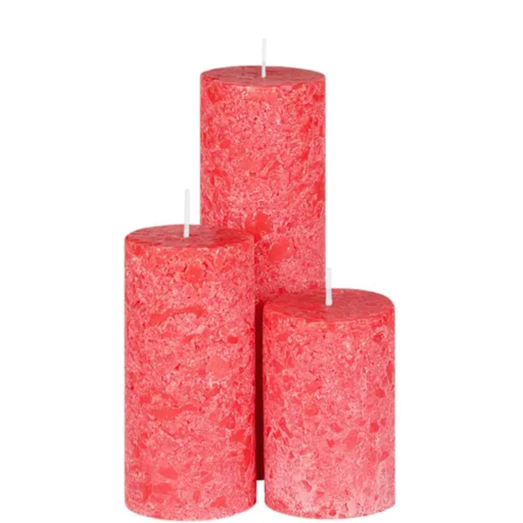 Decorative Pillar Candles, Red, Set of 3, Textured Finish