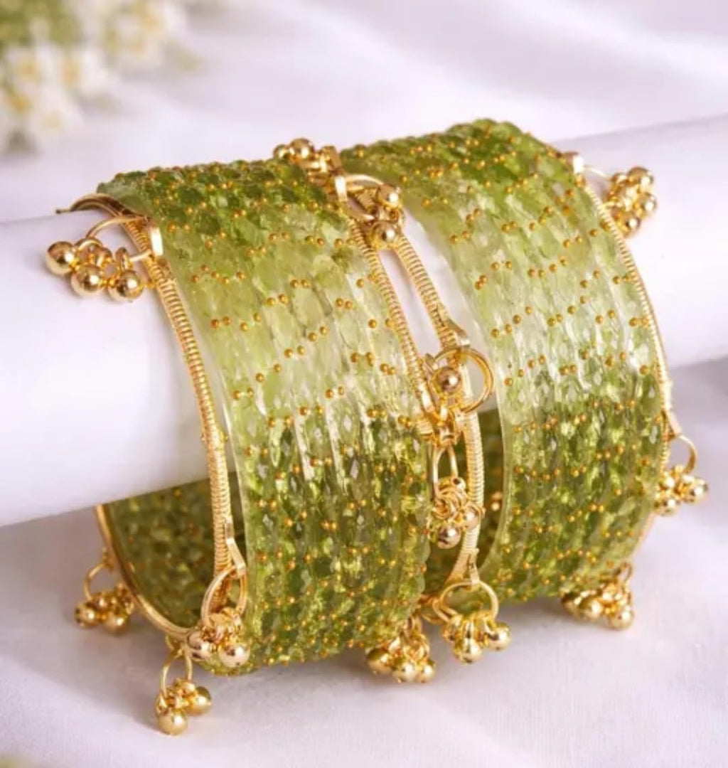 Green Glass Bangles with Gold-Tone Ghungroo Charms, Traditional Indian Style, Set of Bangles