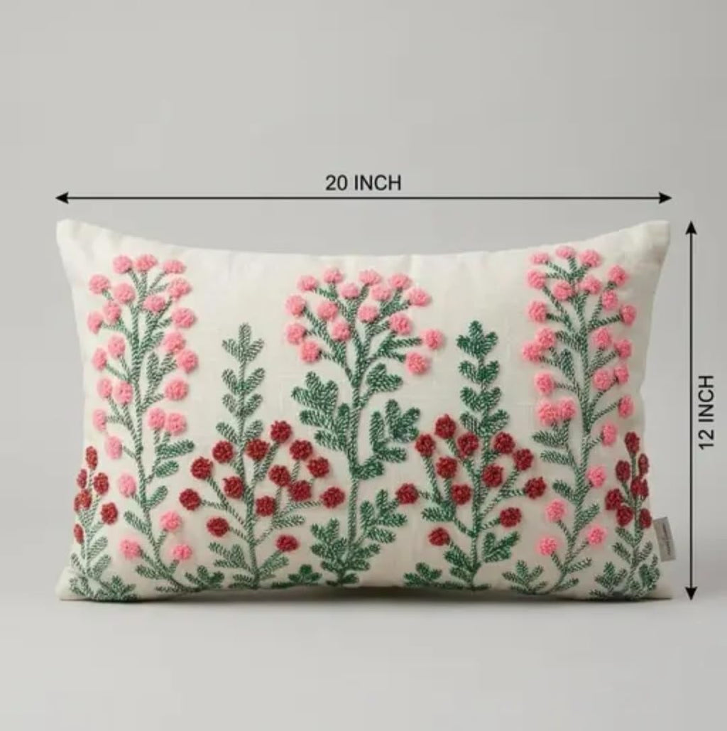 Floral Embroidered Throw Pillow Cover, Cream with Pink and Red Botanical Design, Decorative Cushion Cover